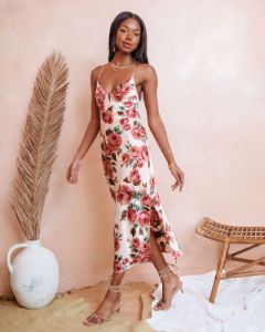 Feeling Butterflies Floral Satin Midi Dress sold by Vici