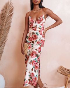 Feeling Butterflies Floral Satin Midi Dress sold by Vici