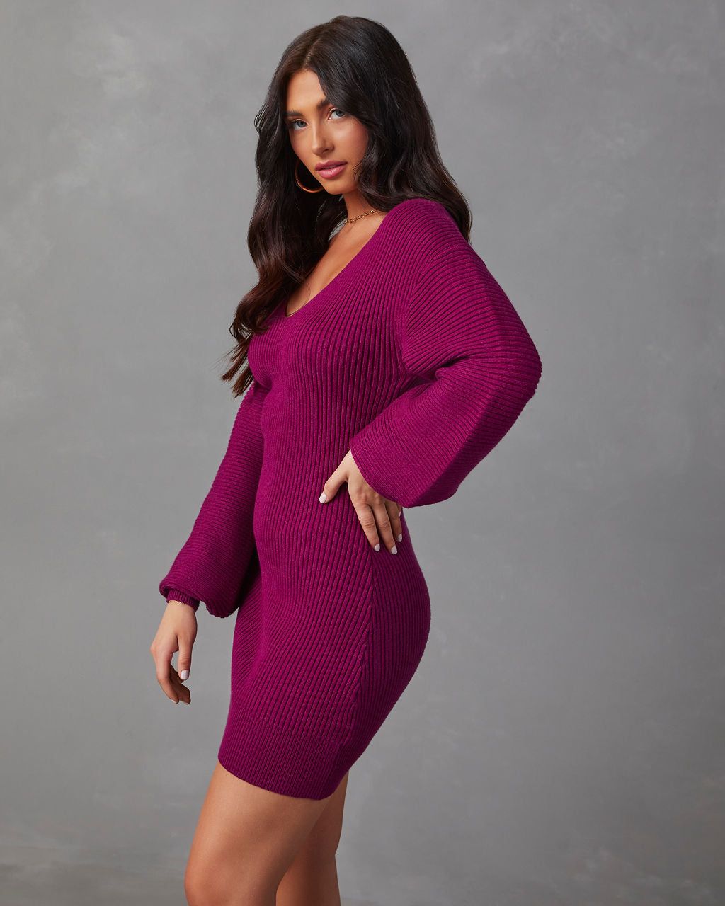 Fall Is Mine Ribbed Mini Sweater Dress - Berry sold by Vici product image thumbnail 3