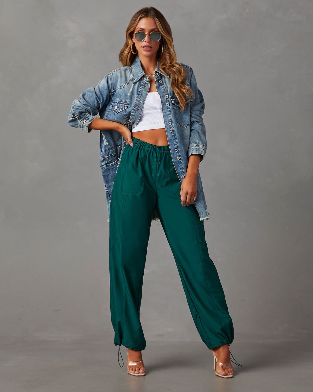 Cowen Distressed Denim Shacket sold by Vici