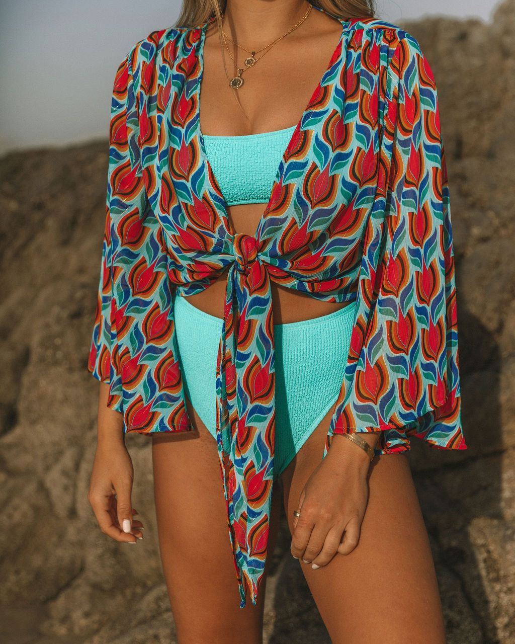 Juniper Printed Bell Sleeve Tie Front Crop Top - Multi - FINAL SALE sold by Vici product image thumbnail 4