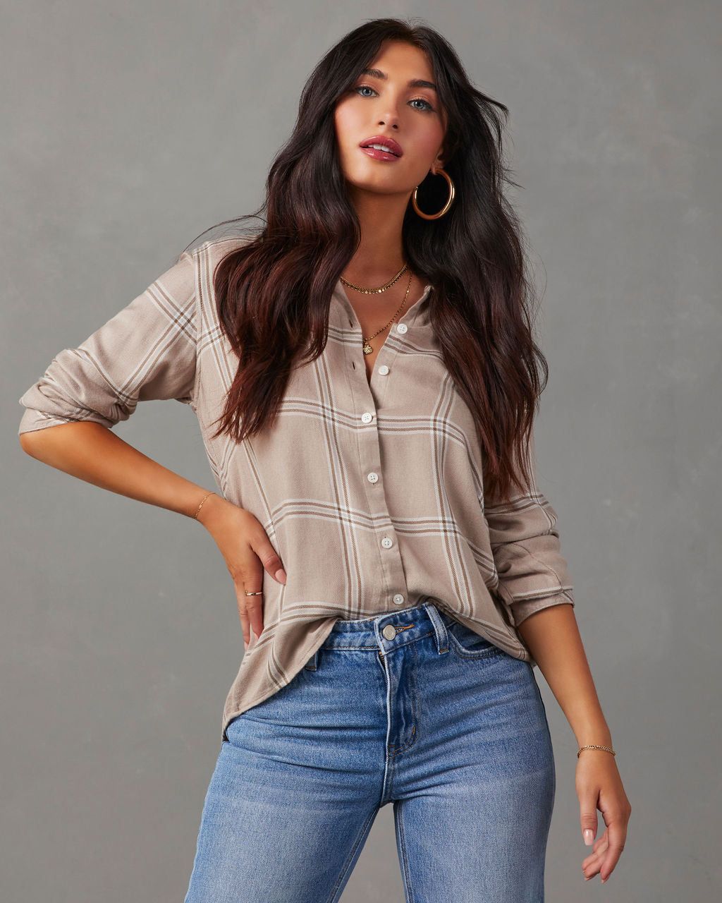 Trevian Plaid Button Down Top - Warm Grey/Taupe sold by Vici product image thumbnail 3