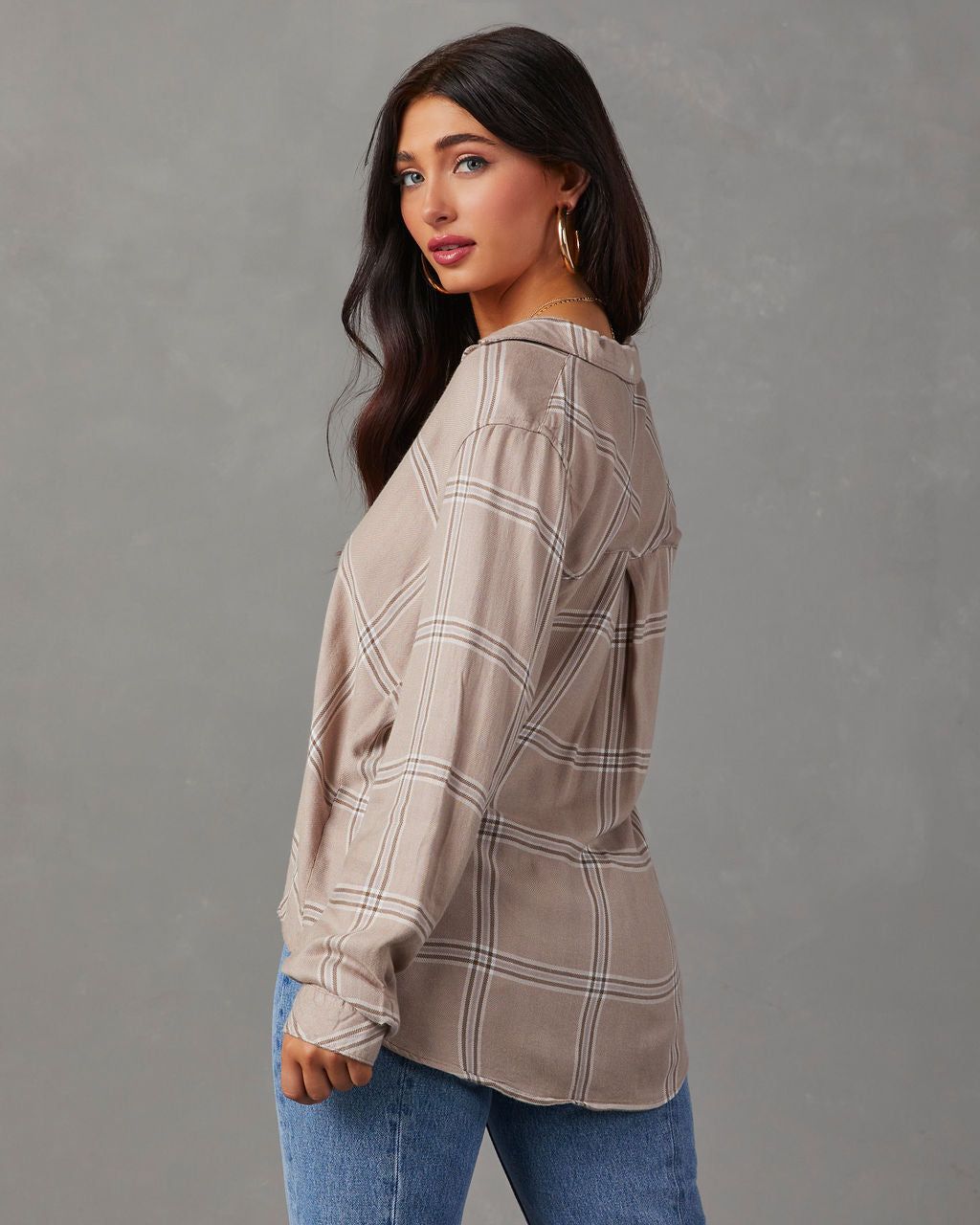 Trevian Plaid Button Down Top - Warm Grey/Taupe sold by Vici product image thumbnail 4