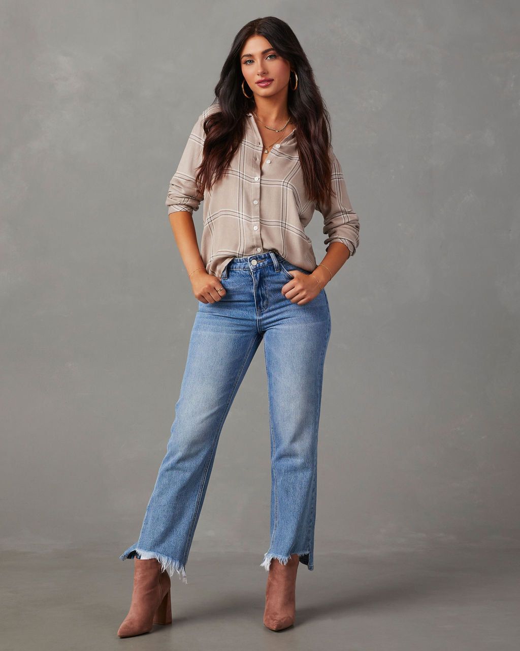 Trevian Plaid Button Down Top - Warm Grey/Taupe sold by Vici product image thumbnail 5