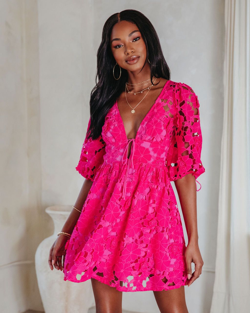 paulette floral crochet lace mini dress - Hot Pink - SALE 100% Rayon Long Sleeveless Bridesmaids Stretch SIZE:EXTRA SMALL Style-Color-Dim:AP1D105271_AK412_W Gown