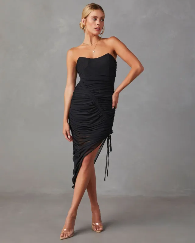 Samba Strapless Ruched Side Tie Midi Dress sold by Vici