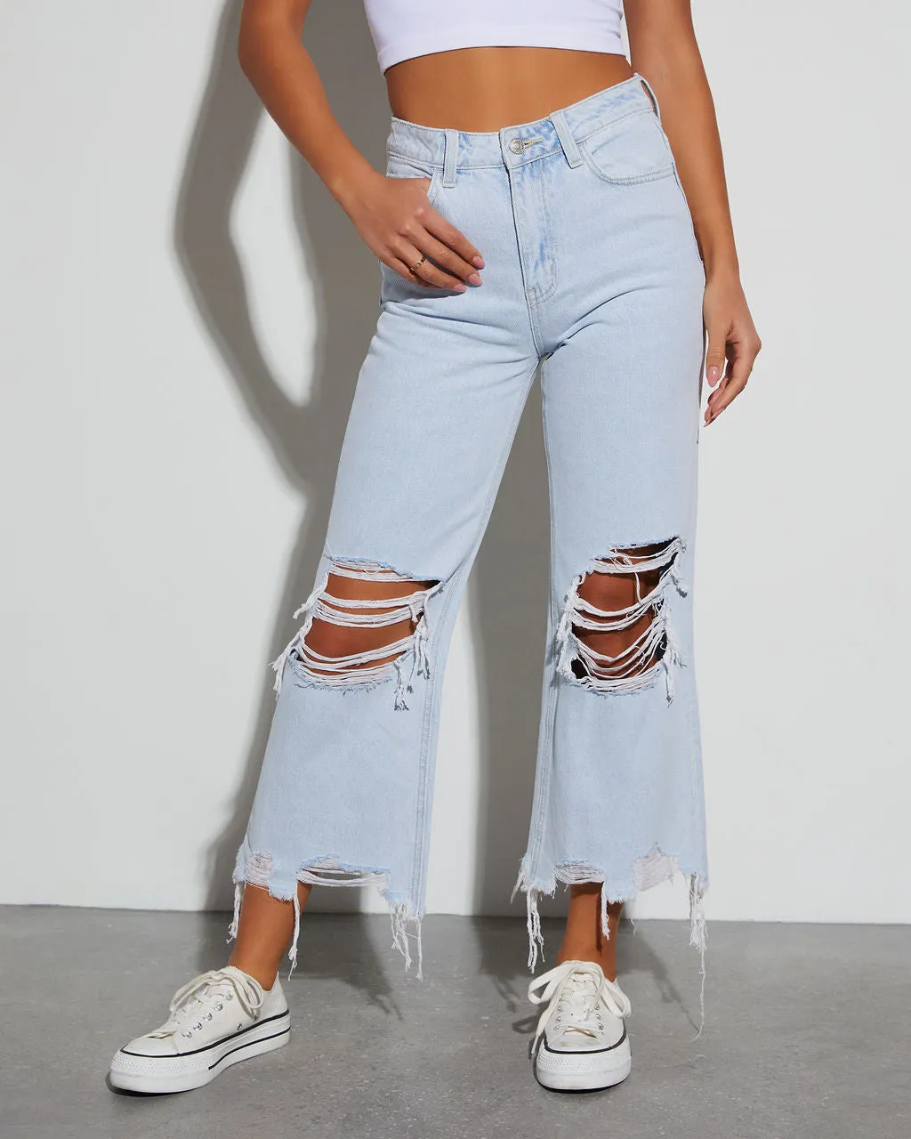 Alley Distressed Crop Kick Flare Jeans sold by Vici