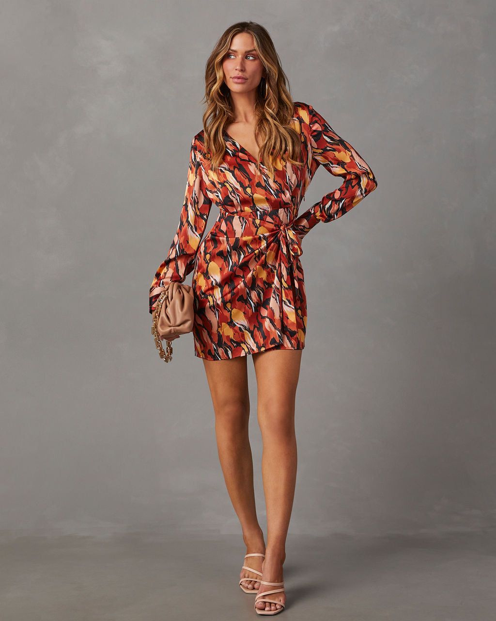 Galene Satin Printed Wrap Mini Dress sold by Vici
