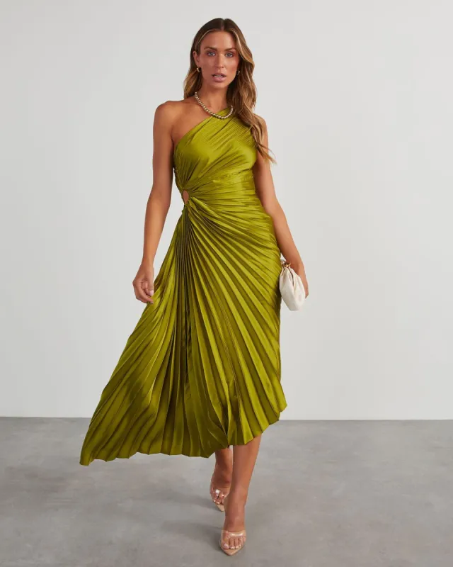 Modern Day Glam Satin Pleated One Shoulder Cutout Asymmetrical Maxi Dress - Chartreuse sold by Vici