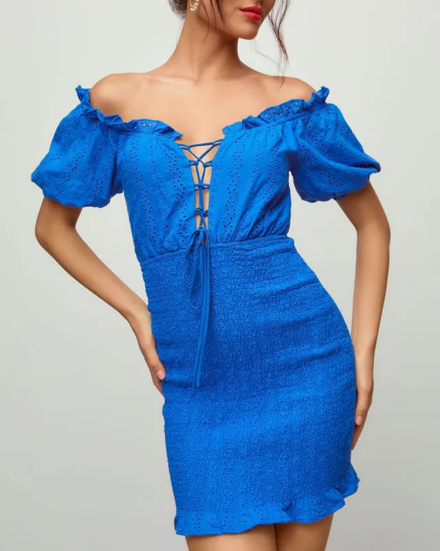 Damsel Smocked Off The Shoulder Cotton Mini Dress sold by Vici