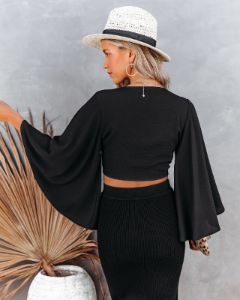 Angel Dust Bell Sleeve Tie Front Crop Top - Black - SALE sold by Vici