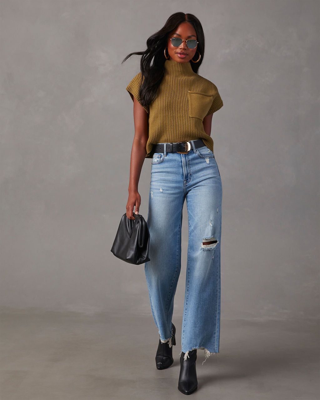 Brooke Mock Neck Short Sleeve Sweater - Olive sold by Vici