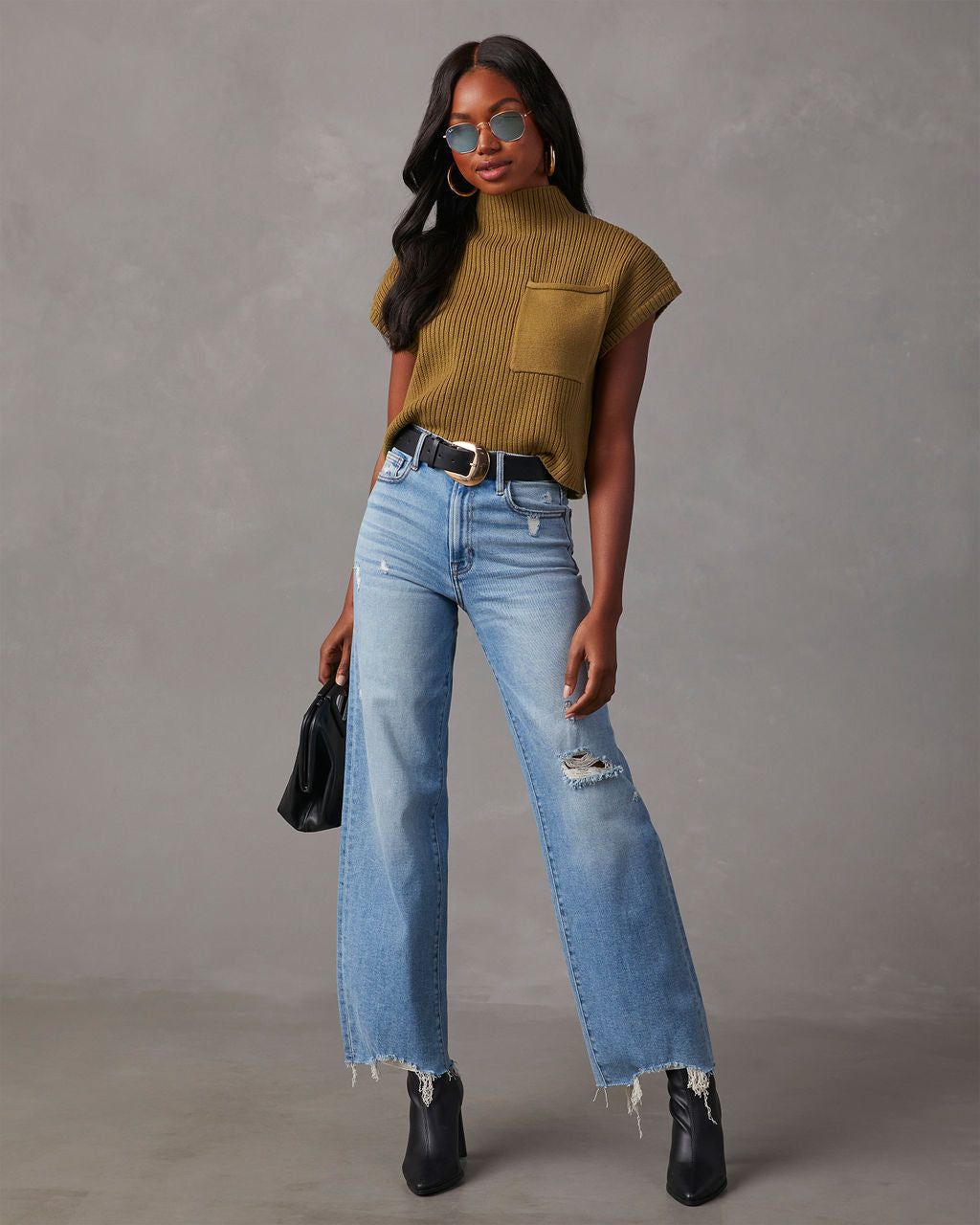 Brooke Mock Neck Short Sleeve Sweater - Olive sold by Vici product image thumbnail 6