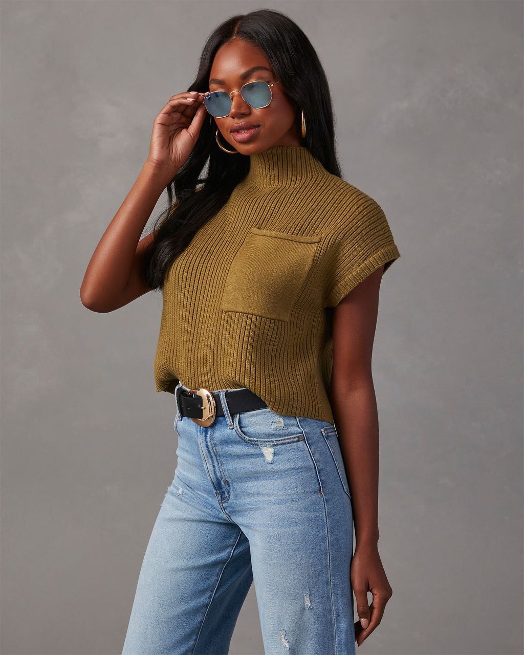 Brooke Mock Neck Short Sleeve Sweater - Olive sold by Vici product image thumbnail 3