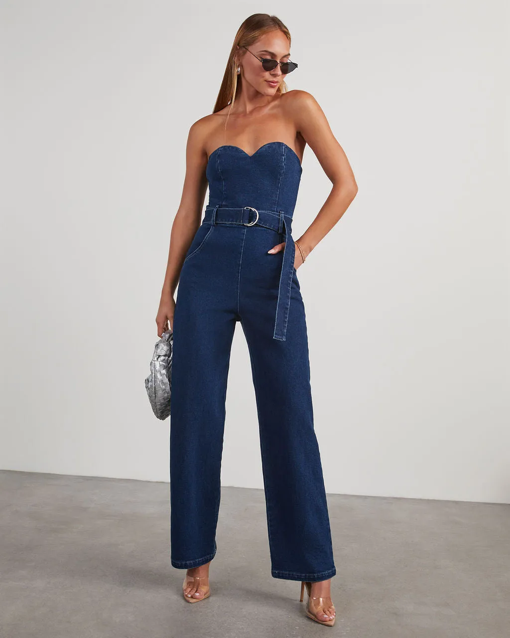 Kinney Strapless Denim Jumpsuit sold by Vici
