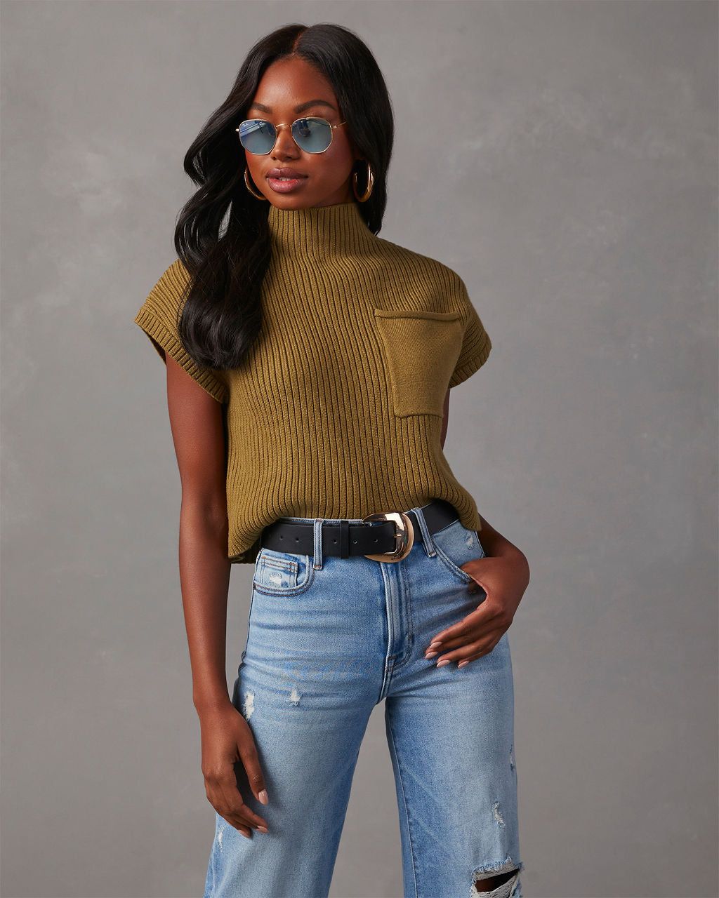 Brooke Mock Neck Short Sleeve Sweater - Olive sold by Vici product image thumbnail 2
