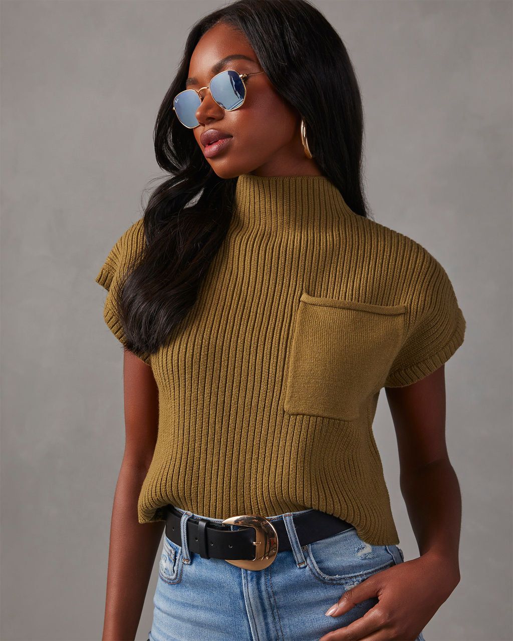 Brooke Mock Neck Short Sleeve Sweater - Olive sold by Vici product image thumbnail 5
