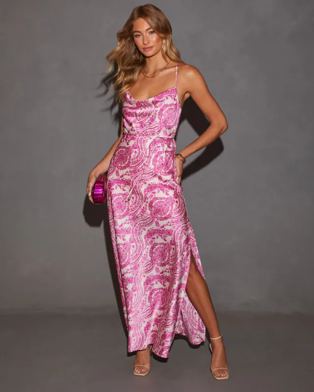 Estella Cowl Neck Tie Waist Printed Maxi Dress sold by Vici