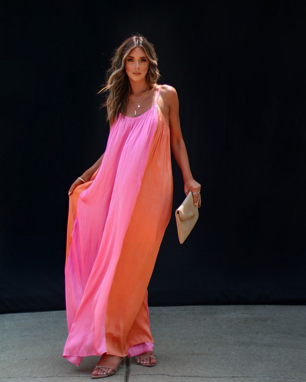 Pomelo Colorblock Plisse Maxi Dress - Pink/Orange - FINAL SALE sold by Vici