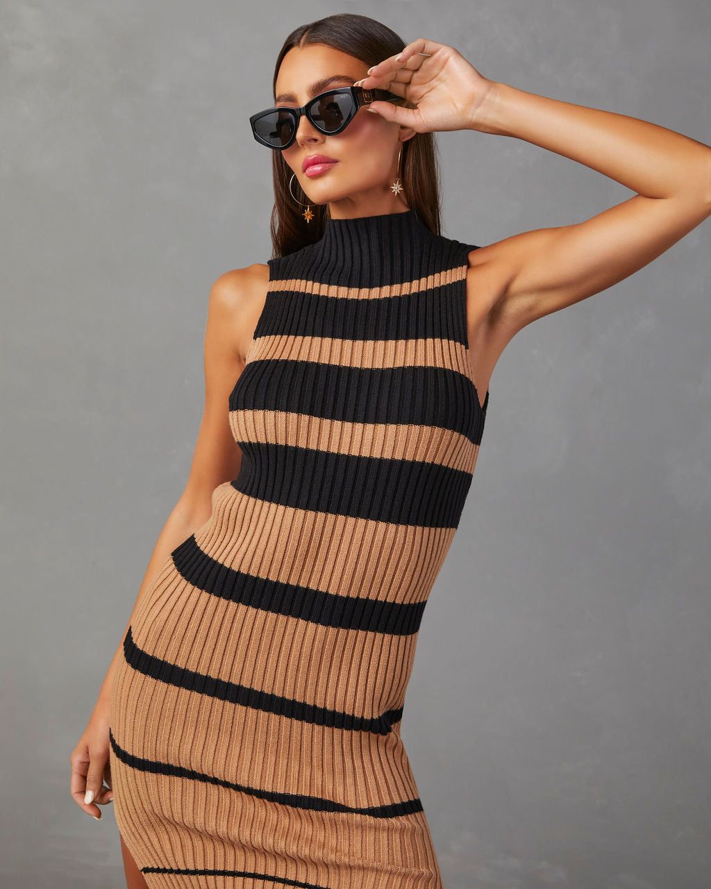 Deidra Sleeveless Striped Sweater Midi Dress - Mocha/Black sold by Vici product image thumbnail 6