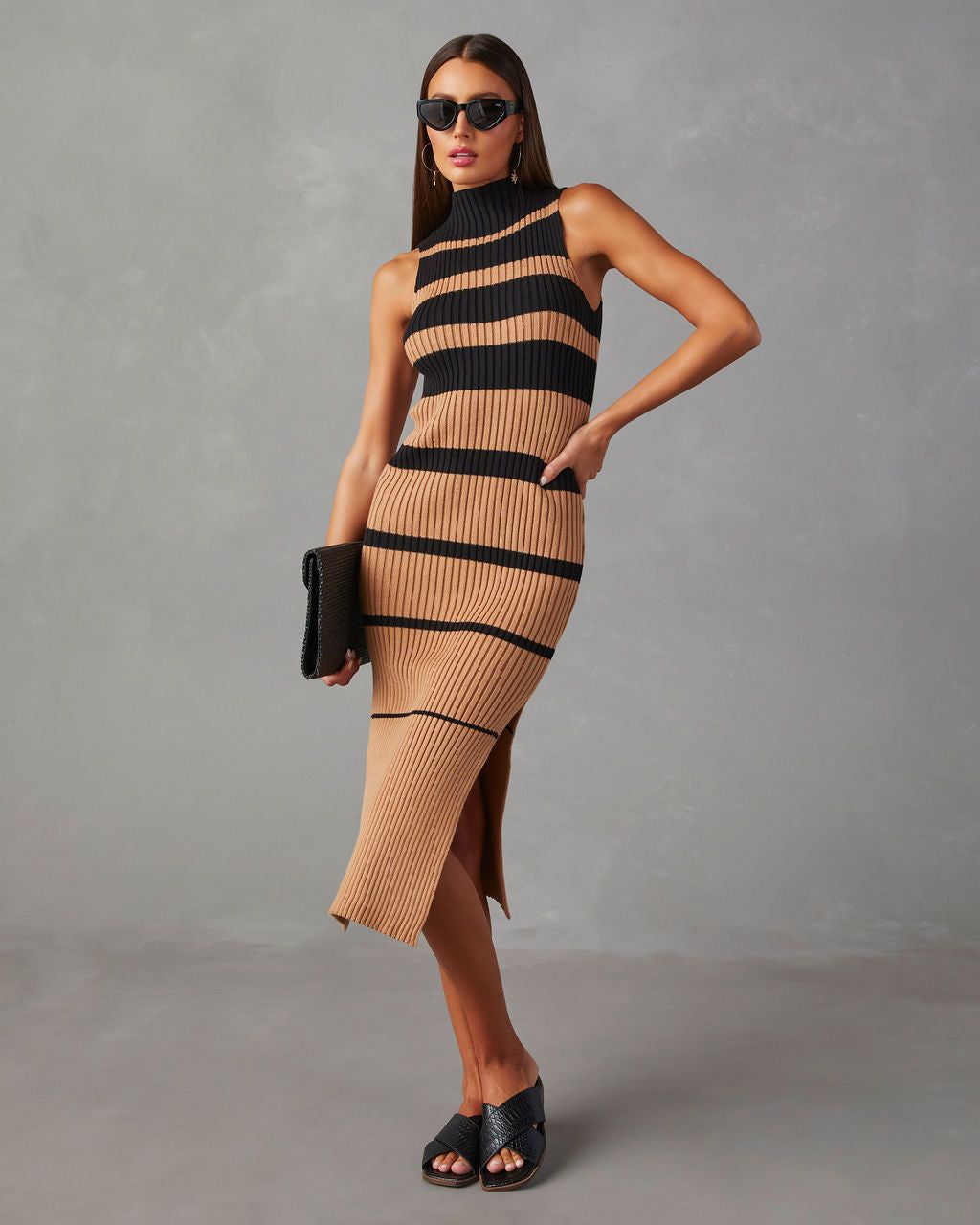 Deidra Sleeveless Striped Sweater Midi Dress - Mocha/Black sold by Vici product image thumbnail 5