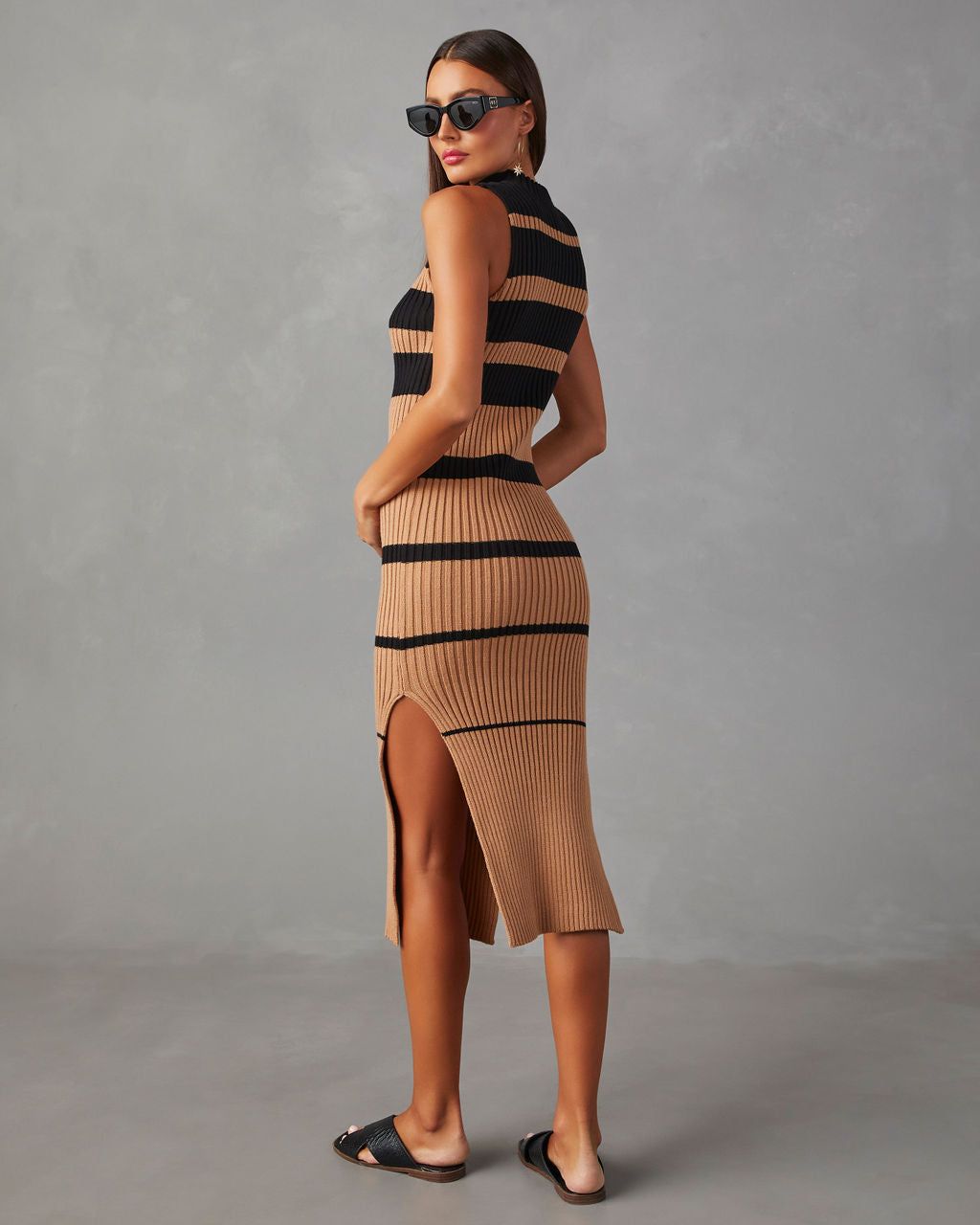 Deidra Sleeveless Striped Sweater Midi Dress - Mocha/Black sold by Vici product image thumbnail 2