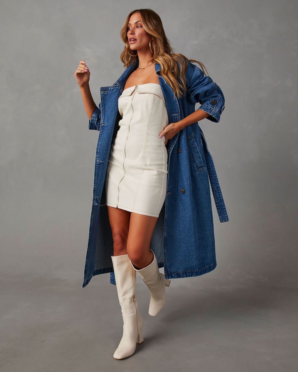 Noreen Strapless Zip Up Denim Mini Dress - Ecru sold by Vici product image thumbnail 6