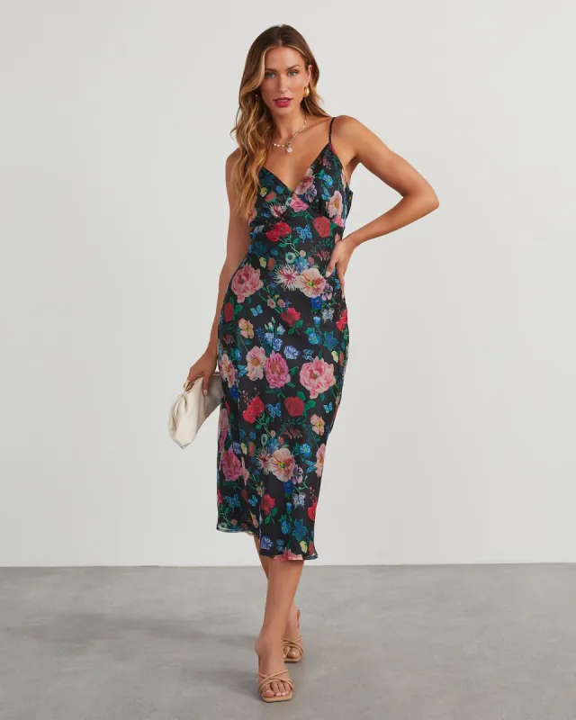 Don't Go Yet Slip Floral Midi Dress - Black sold by Vici