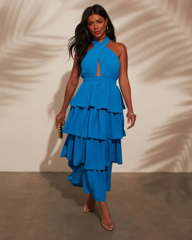 Salsa Dance Ruffle Tiered Halter Maxi Dress sold by Vici