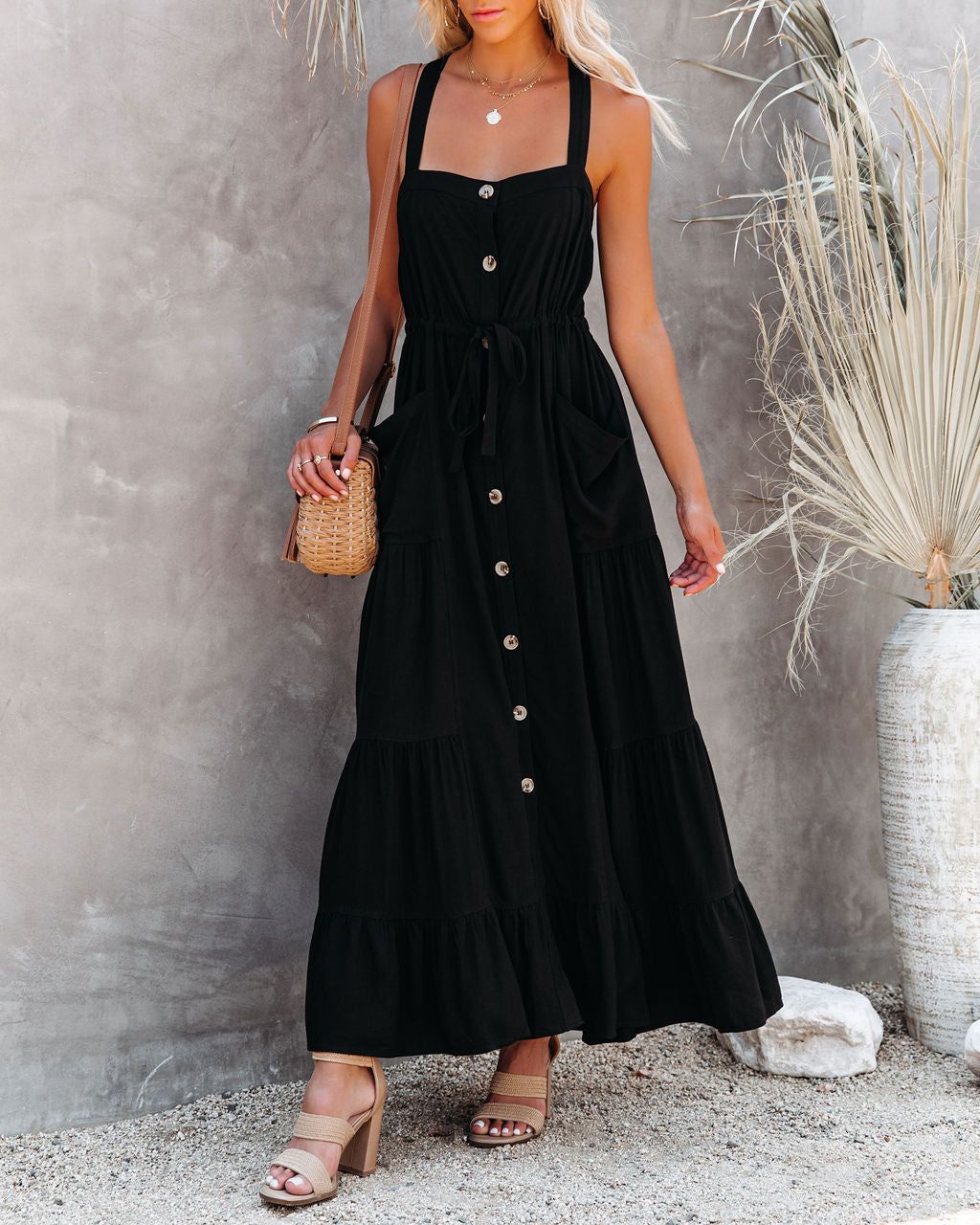 Grapevine Linen Blend Pocketed Maxi Dress - Black sold by Vici product image thumbnail 3