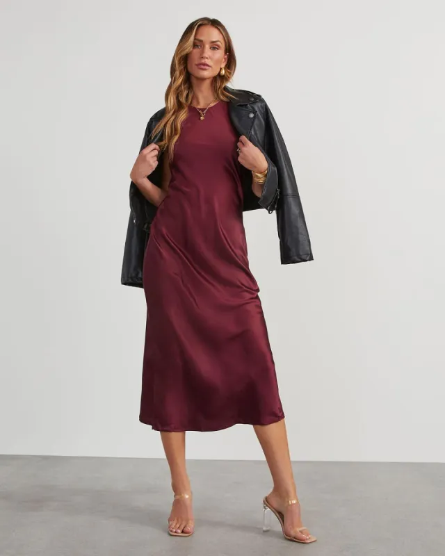 All The Allure Satin Slip Midi Dress - Wine made by Vici