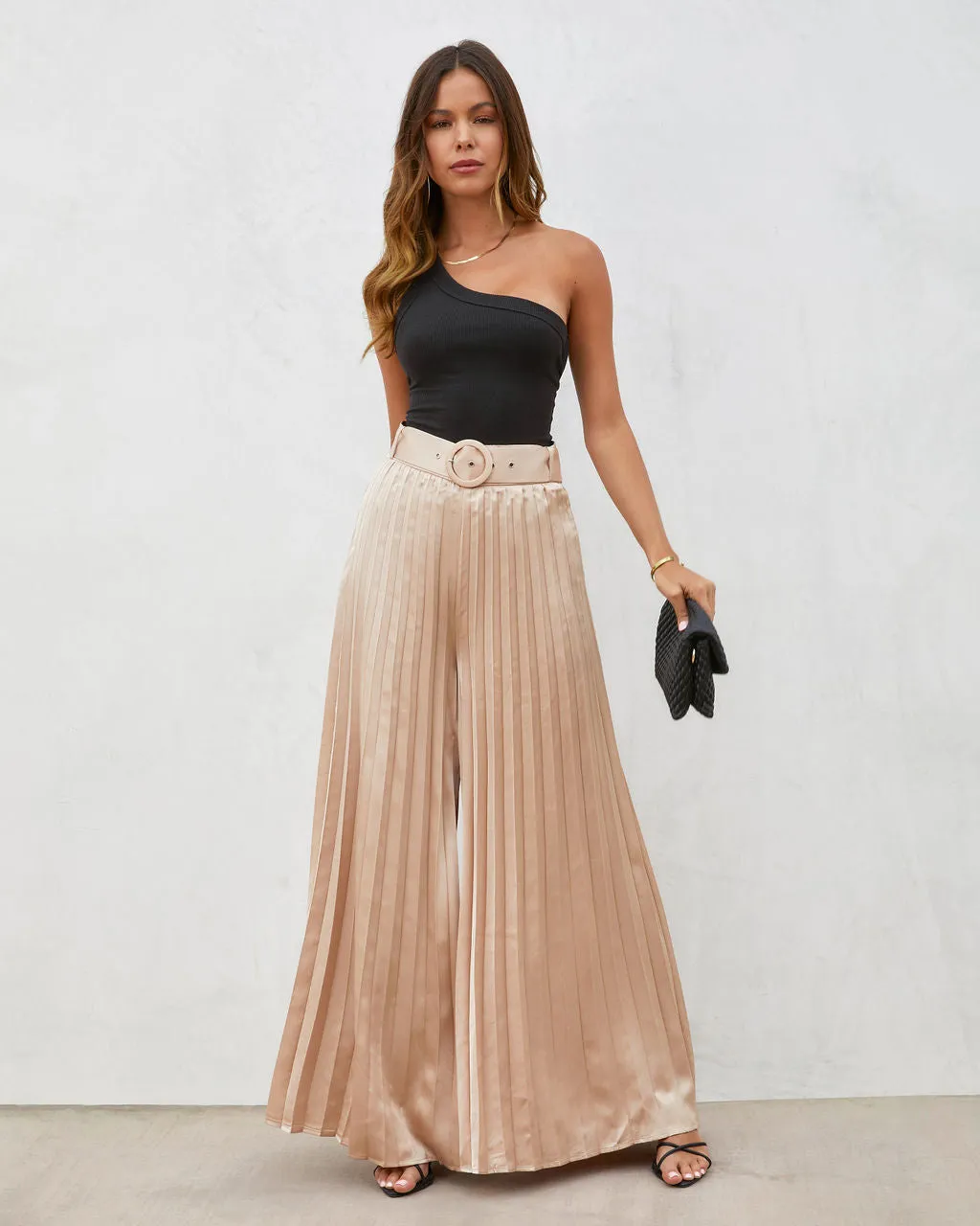 True Elegance Satin Pleated Belted Wide Leg Pants sold by Vici