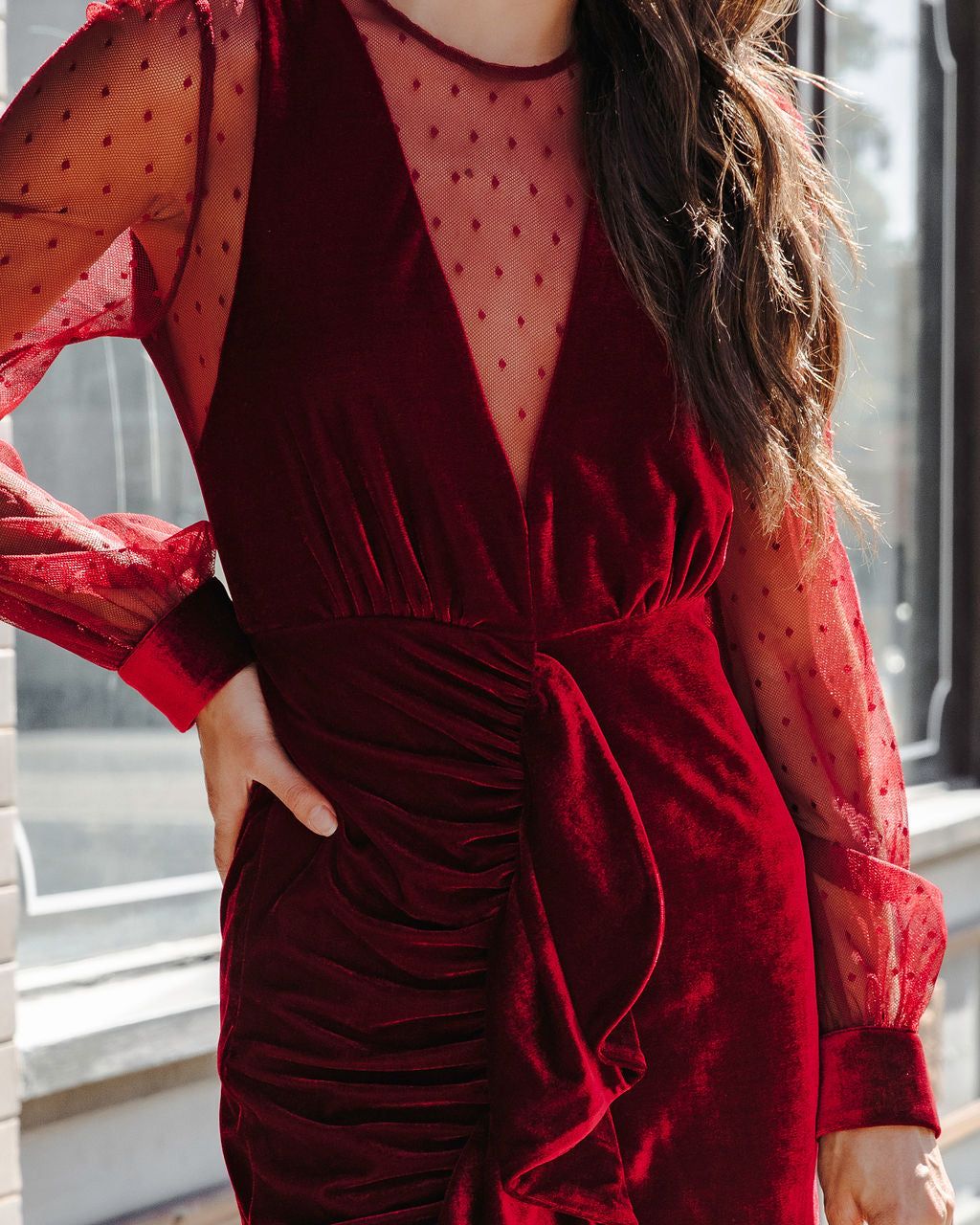 Saint Clara Sheer Velvet Ruffle Mini Dress sold by Vici product image thumbnail 2