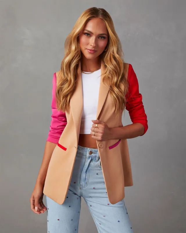 This Or That Pocketed Colorblock Blazer - Pink/Orange Multi sold by Vici