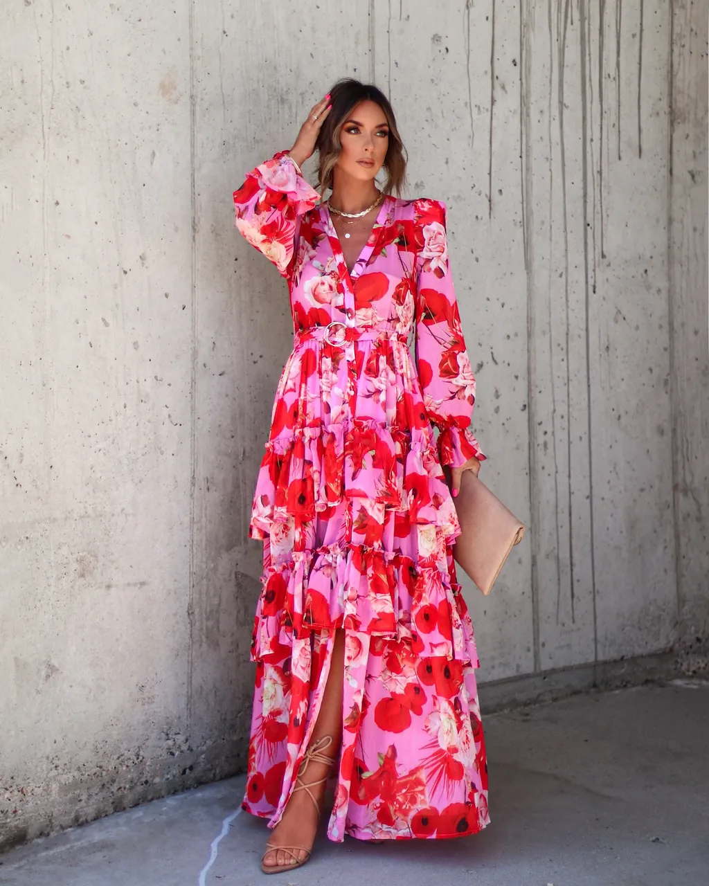 Mon Cheri Floral Chiffon Tiered Belted Maxi Dress sold by Vici