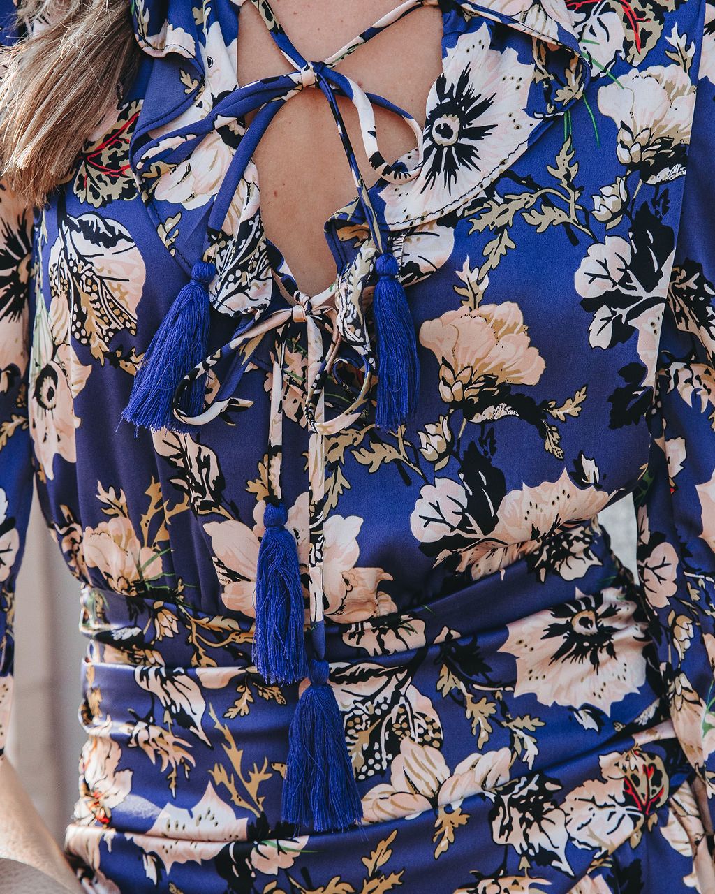 Pay It Forward Floral Satin Tassel Tie Mini Dress - FINAL SALE sold by Vici product image thumbnail 2