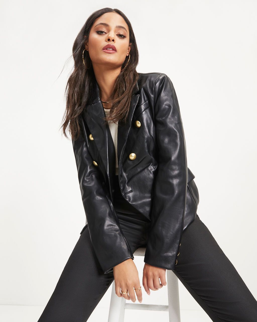 Impress Me Much Pocketed Faux Leather Blazer sold by Vici