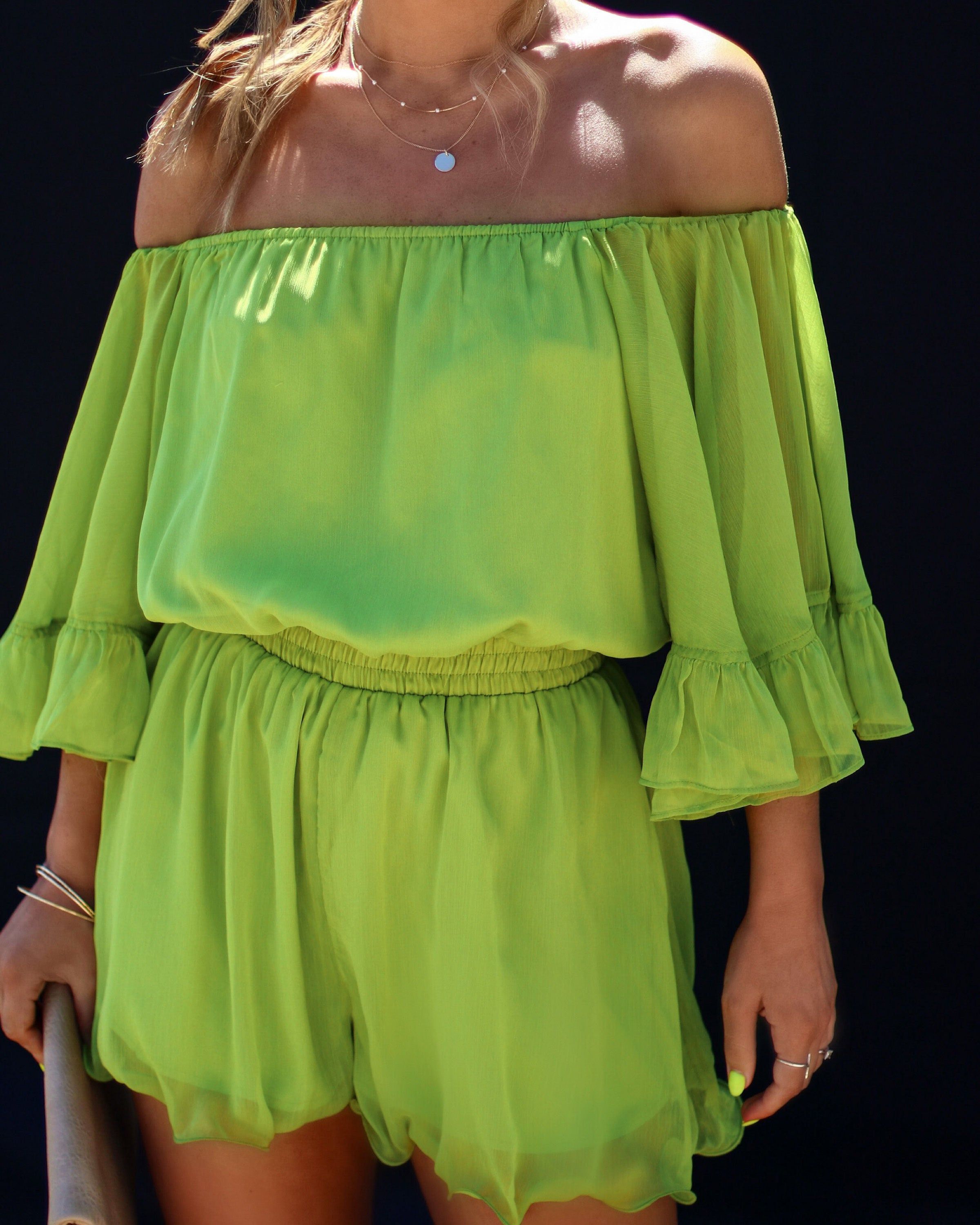 Definitely Demure Off The Shoulder Chiffon Romper - Lime - FINAL SALE sold by Vici product image thumbnail 3
