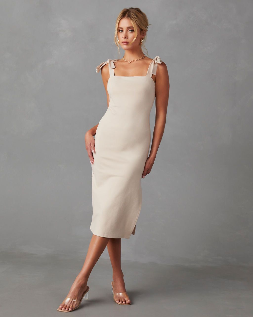 Fallon Shoulder Tie Midi Dress sold by Vici