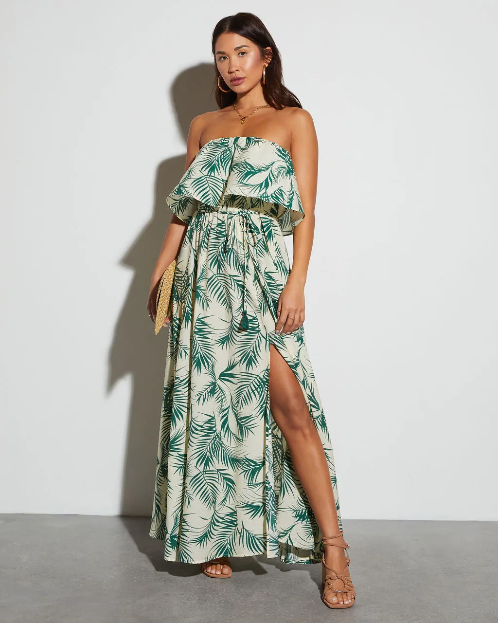 Swaying Palms Strapless Empire Maxi Dress sold by Vici