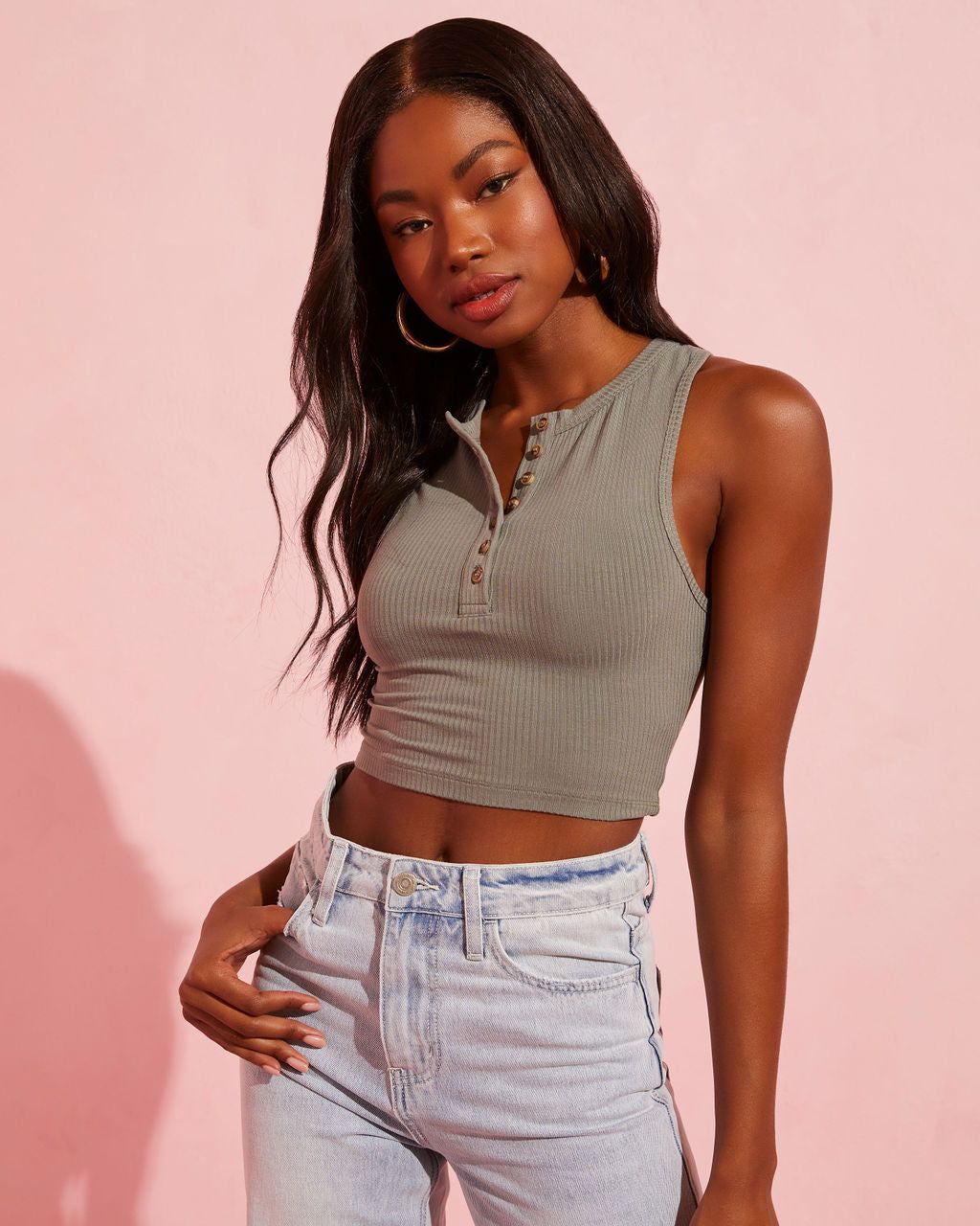 No Rules Button Front Crop Tank - Olive - SALE sold by Vici product image thumbnail 7