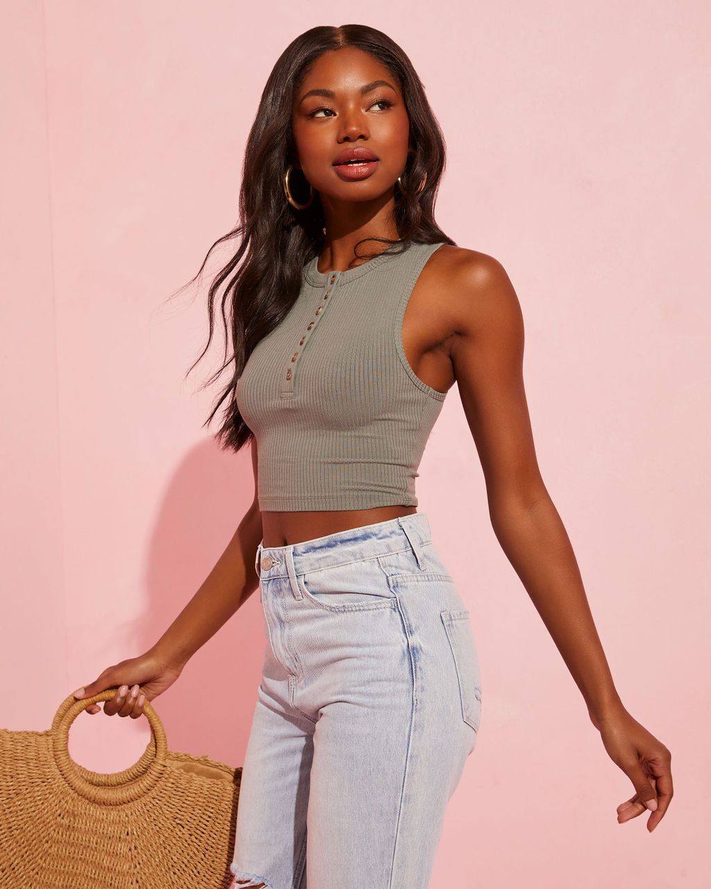 No Rules Button Front Crop Tank - Olive - SALE sold by Vici product image thumbnail 6