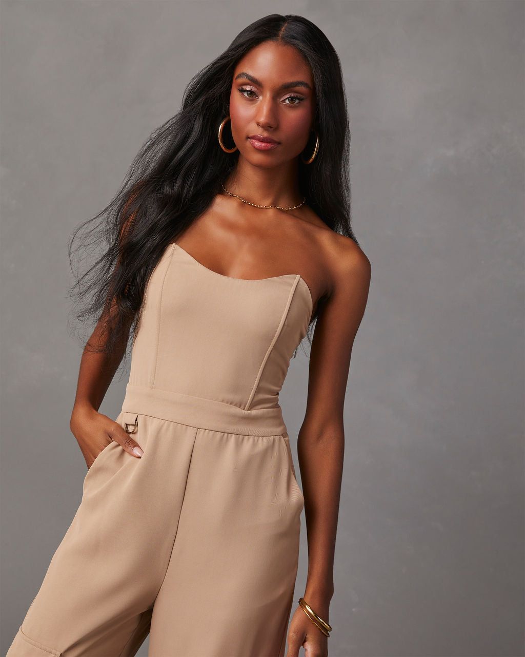 Hudgens Satin Strapless Cargo Jumpsuit sold by Vici product image thumbnail 5