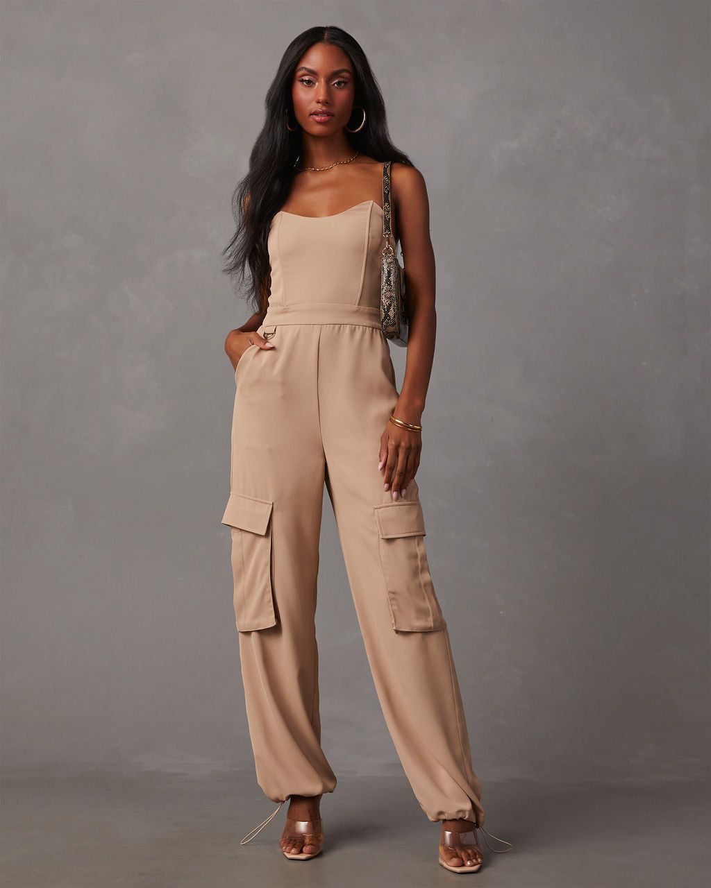Hudgens Satin Strapless Cargo Jumpsuit sold by Vici