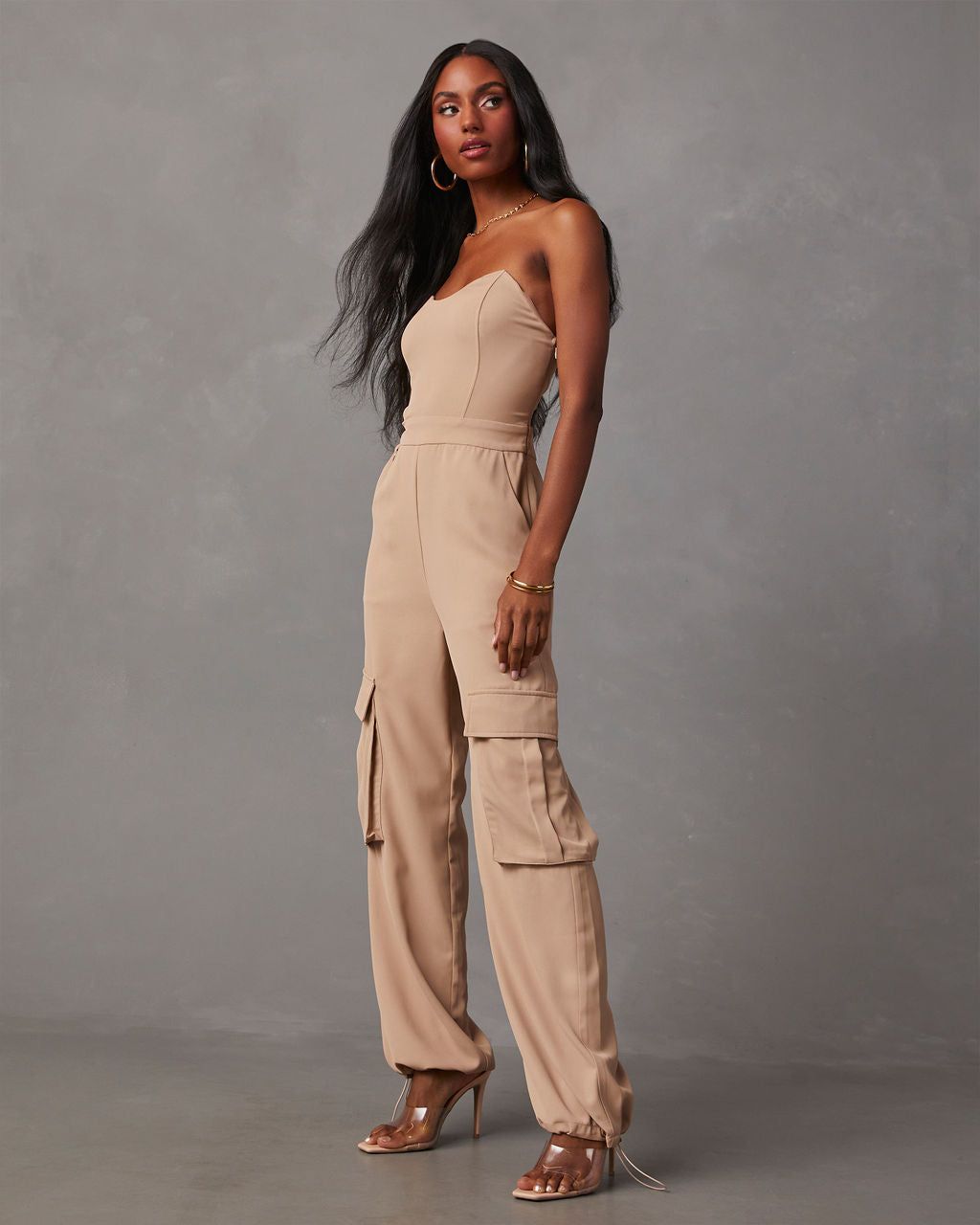 Hudgens Satin Strapless Cargo Jumpsuit sold by Vici product image thumbnail 3