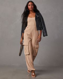 Hudgens Satin Strapless Cargo Jumpsuit sold by Vici