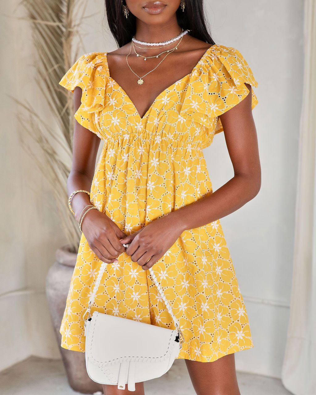 Lucy Floral Eyelet Mini Dress - Yellow - FINAL SALE sold by Vici product image thumbnail 2