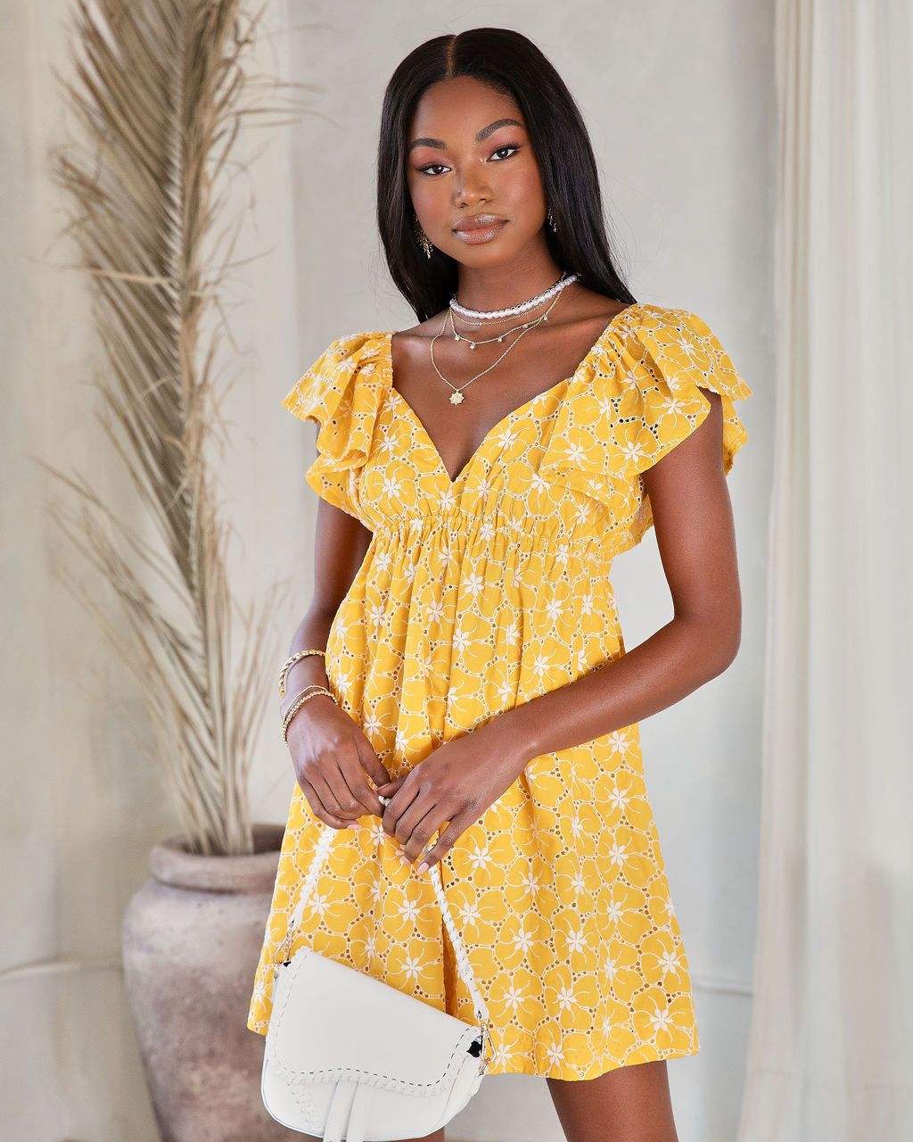 Lucy Floral Eyelet Mini Dress - Yellow - FINAL SALE sold by Vici product image thumbnail 6