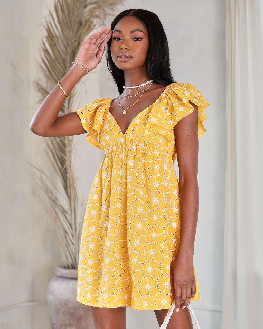 Lucy Floral Eyelet Mini Dress - Yellow - FINAL SALE sold by Vici product image thumbnail 7