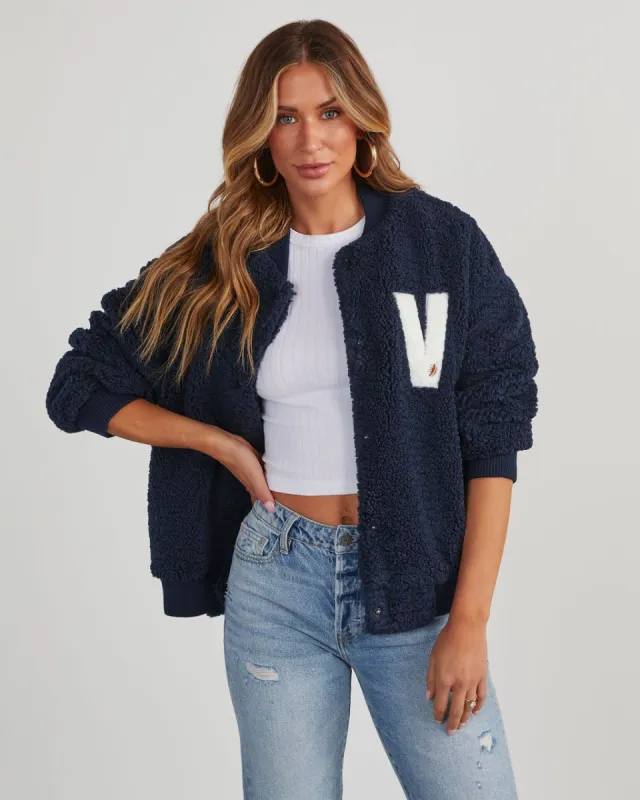Team Captain Sherpa Letterman Bomber Jacket - Navy sold by Vici